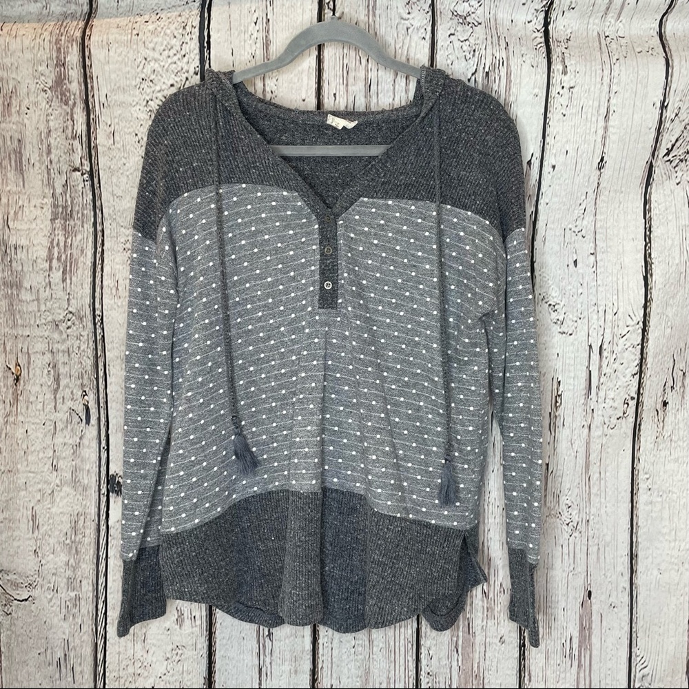Hem & Thread Gray‎ Polka Dot Hoodie Sweater Buttons in Front w/ Tassels SZ Small